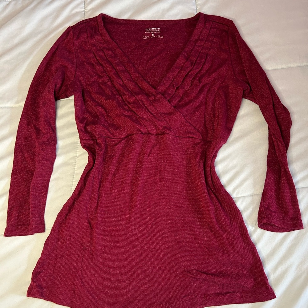 dressbarn Wine Ribbed Knit V-Neck Top